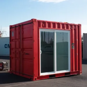 Portable container concession stand with sliding glass entry door