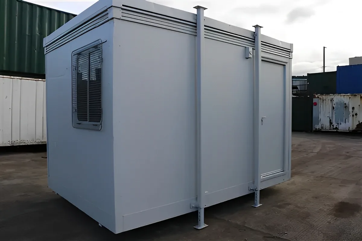 Portable anti-vandal office cabin with secure steel shutters and insulated interior