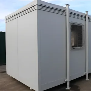 Secure steel office cabin with anti-vandal doors and mesh-protected windows