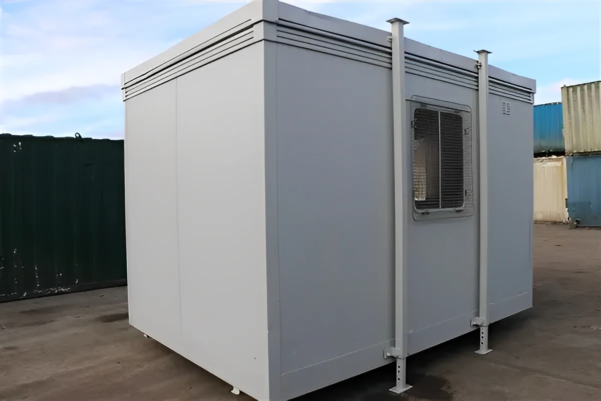 Secure steel office cabin with anti-vandal doors and mesh-protected windows