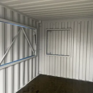 Mobile business container with LED lighting and power outlets installed