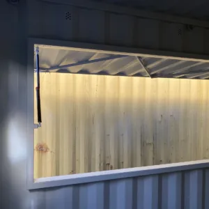 High cube retail container pod with customer service hatch and workspace