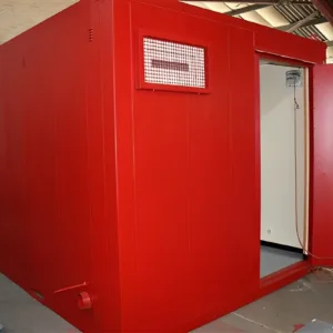 Portable site office with toilet, lighting, and electrical installation