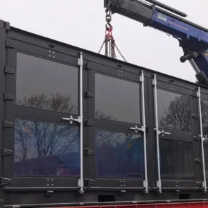 Secure 20ft storage container with framed glass windows and ventilation system