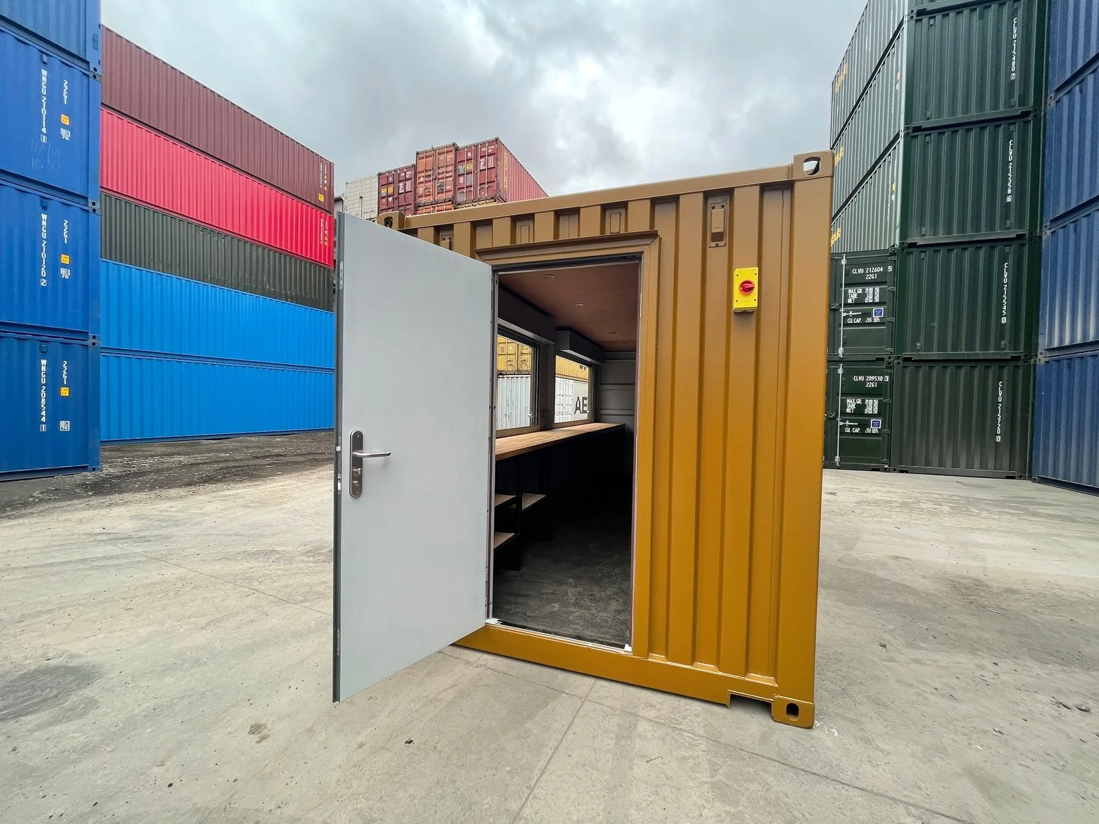 20ft converted container bar with serving hatches and walk-in cooler