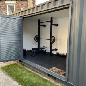 Modern 20ft container gym and office space with LED lighting