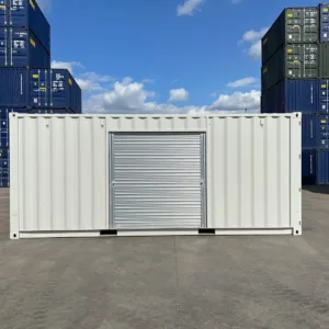 20ft steel storage container with roller shutter door and light grey respray exterior