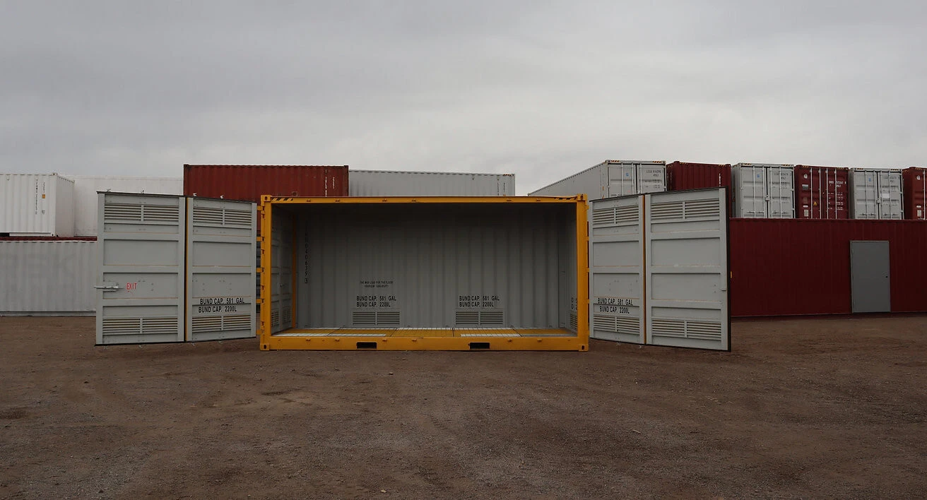 Bunded dangerous goods shipping container for fuel and chemical storage
