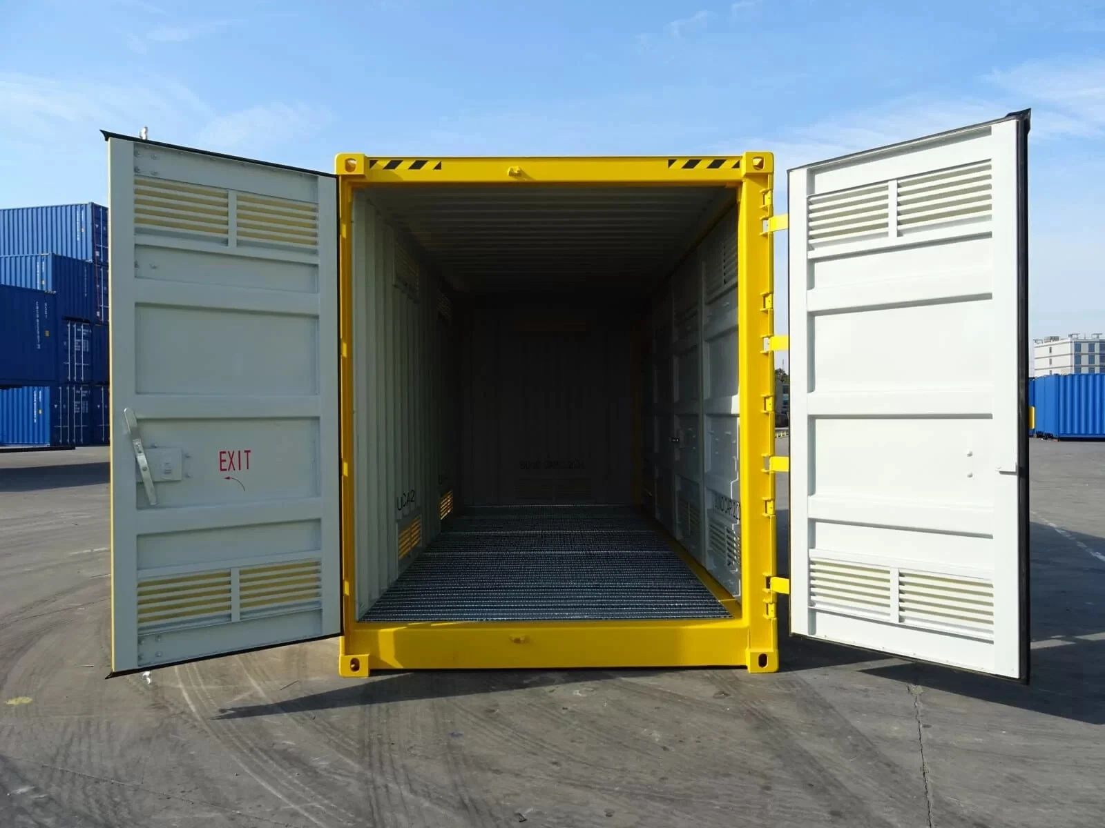 Industrial hazardous material storage container with steel construction and ventilation system