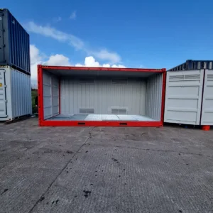 Hazardous material storage container with bunded steel floor and ventilation system