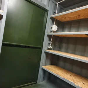 20ft x 8ft high cube container with built-in shelving for organized storage