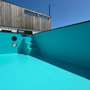 Portable luxury container pool with Caribbean Blue basin and WPC decking