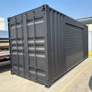 20ft Shipping Container – Matte Black With 12ft Side Roll-Up Door