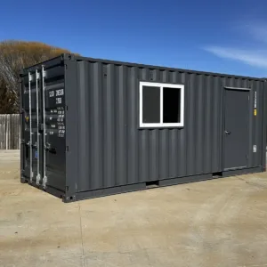 20ft shipping container office with slate gray shiplap interior and mini split HVAC