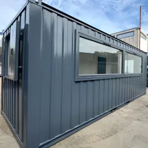 Portable office building with picture windows and secure steel door