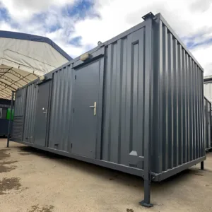 Portable site welfare cabin with office, toilet facilities, and secure storage area