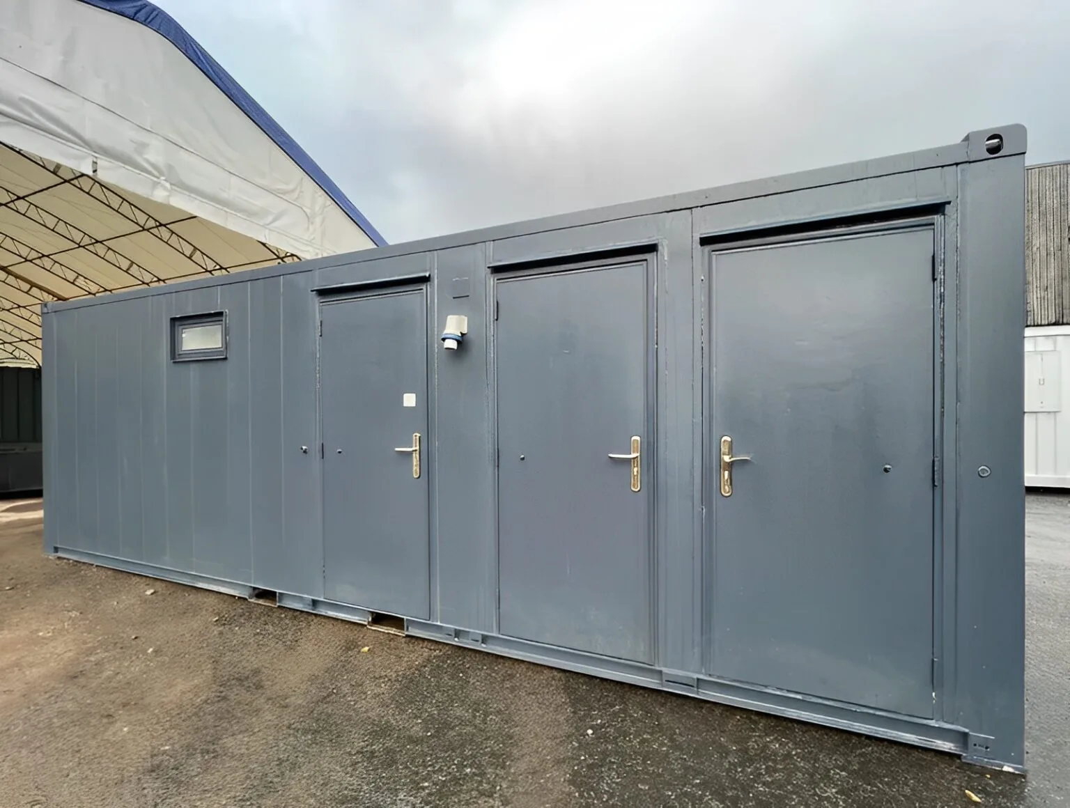 Temporary welfare facility with multiple toilets and hot water wash basins