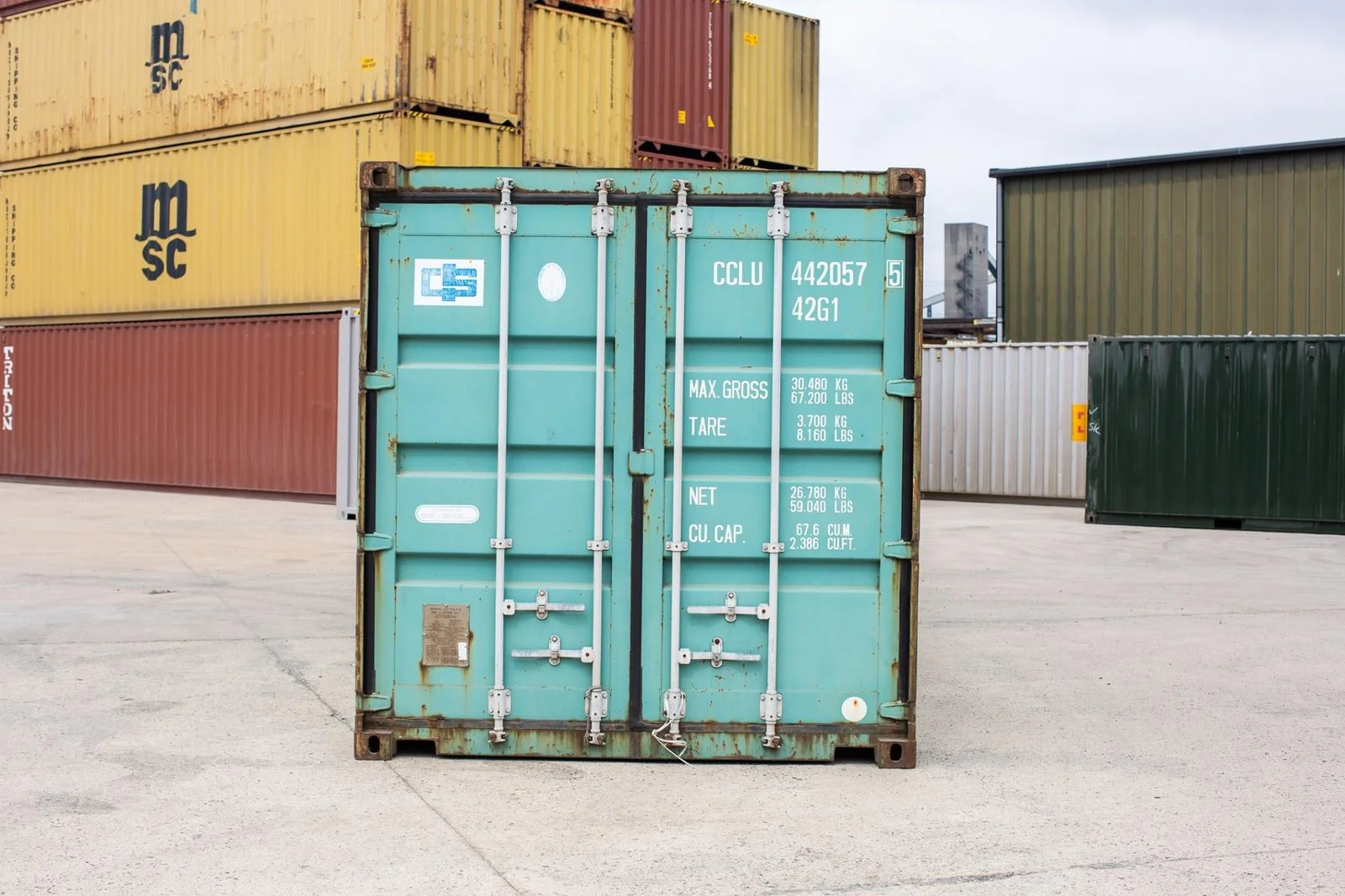 Used 40ft storage container with marine-grade plywood flooring and cargo doors