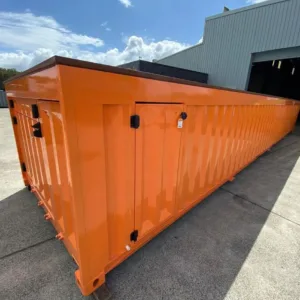 Custom 40ft container pool with glass viewing panel and LED lighting