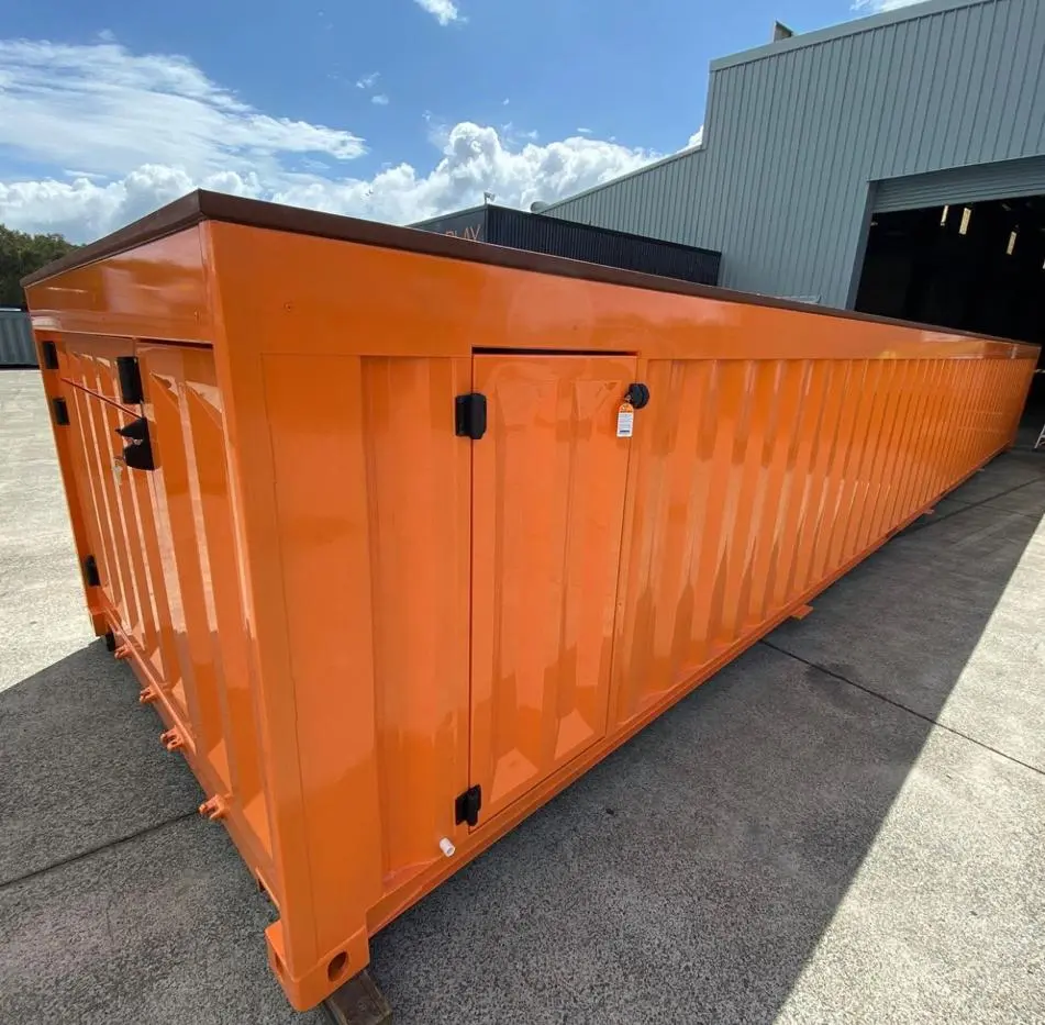 Custom 40ft container pool with glass viewing panel and LED lighting