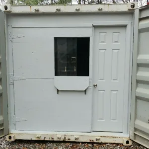 40ft modified shipping container with workbench, electrical panel, and racking