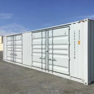 40ft high cube shipping container with two side access doors and rear cargo doors