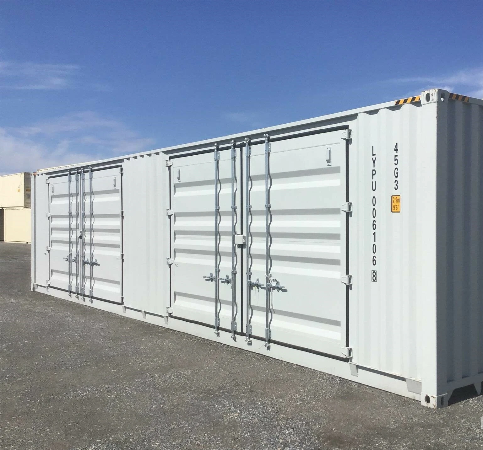 40ft high cube shipping container with two side access doors and rear cargo doors