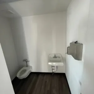One-trip 40ft shipping container office with dual entry doors and ADA restroom