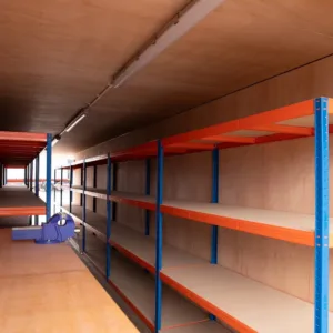 Fully shelved 40ft mobile workshop container for tools and equipment storage