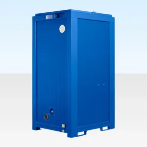 Portable steel toilet cabin with basin, lighting, and extractor fan