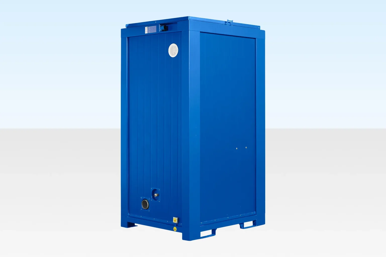 Portable steel toilet cabin with basin, lighting, and extractor fan