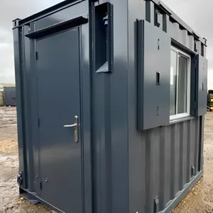 Portable container office with insulated walls and secure locking door