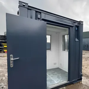 Portable security office container with insulated interior and LED lighting