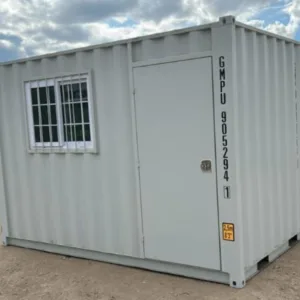 Weather-resistant 9ft office container with lockable personnel door