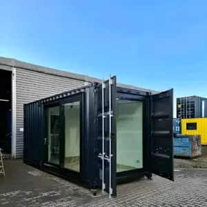 Modern shipping container office with insulated interior and integrated blinds
