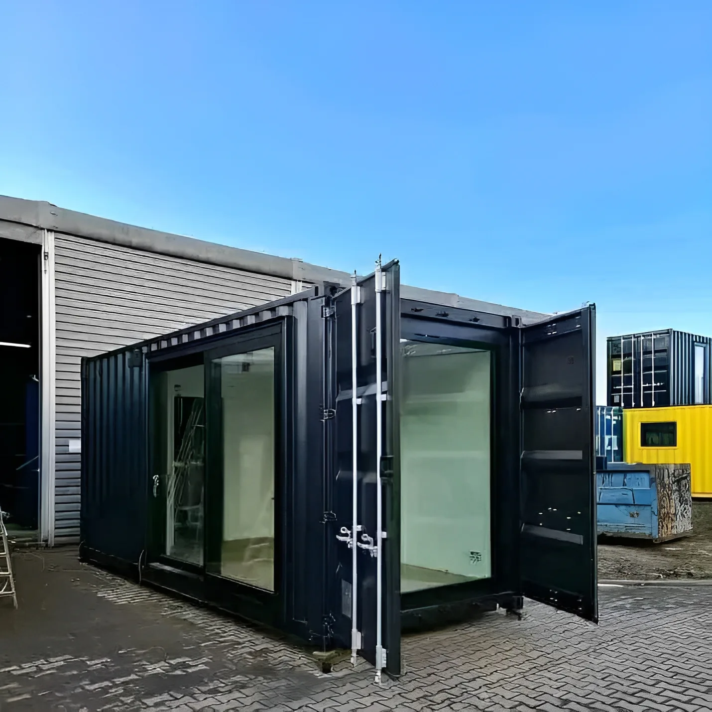 Modern shipping container office with insulated interior and integrated blinds