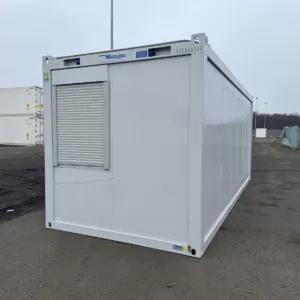 Modular container office with secure steel door and insulated interior