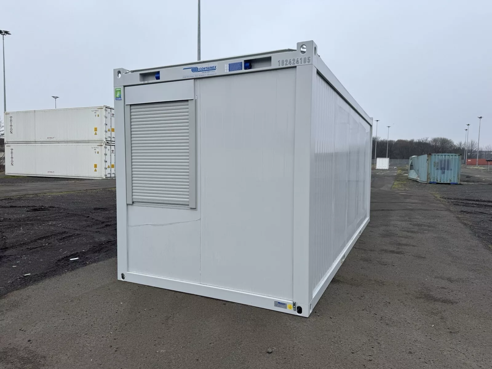 Modular container office with secure steel door and insulated interior