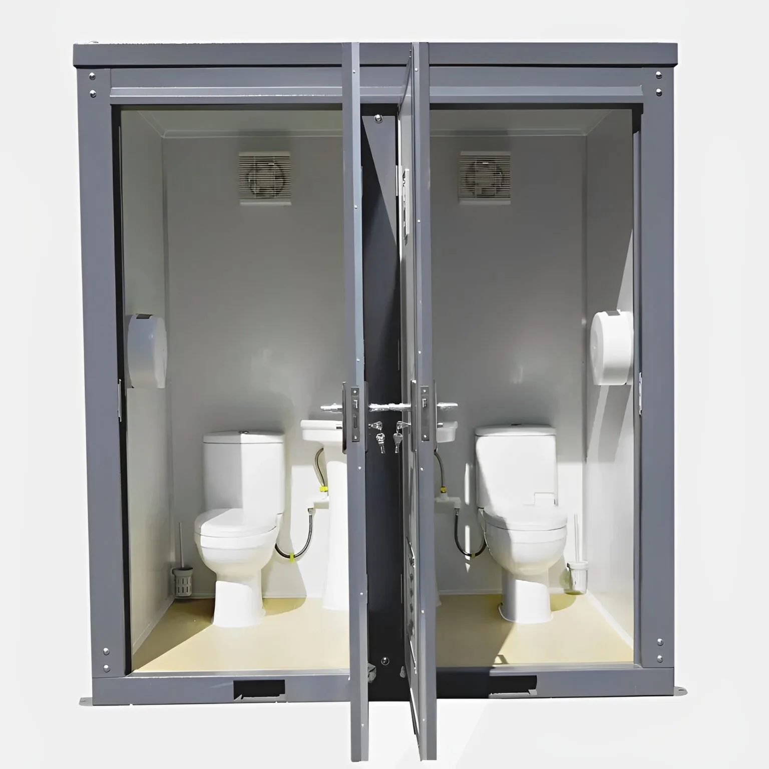 Dual portable toilet and bathroom unit with sinks and LED lighting