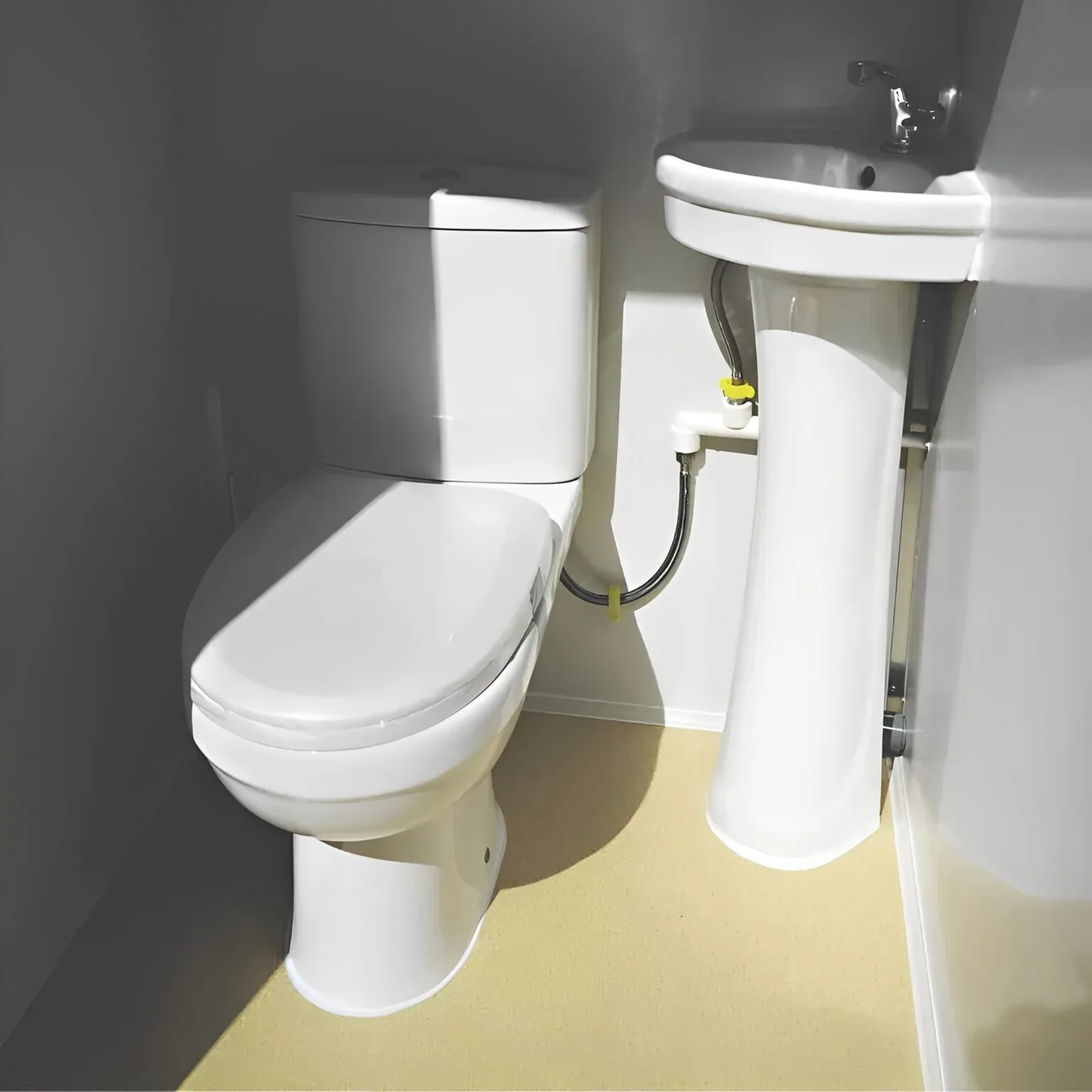 Portable bathroom trailer with flushing toilets and built-in ventilation