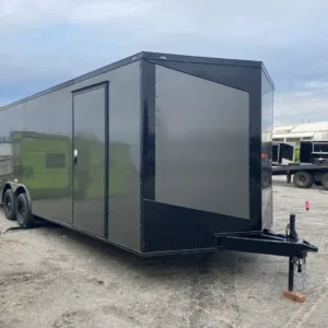 Fast Cargo 8.5x28 enclosed trailer with blackout package and charcoal gray finish