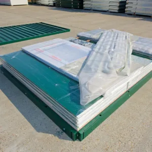 Flat pack office cabin with insulated walls and pre-wired electrical system