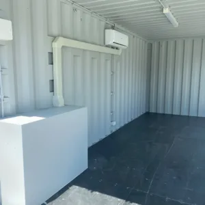 Modern 20ft shipping container office with insulated interior and AC unit