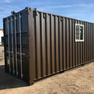 Shipping container restroom with flushing toilets and HVAC system