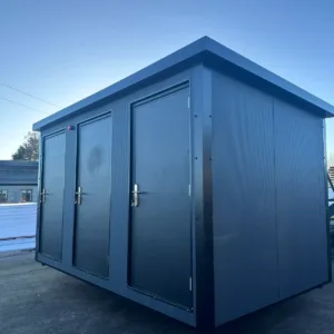 Steel-framed triple toilet unit with weather-resistant exterior and sanitary fixtures