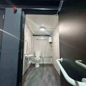 Customizable container toilet block for construction sites and industrial facilities