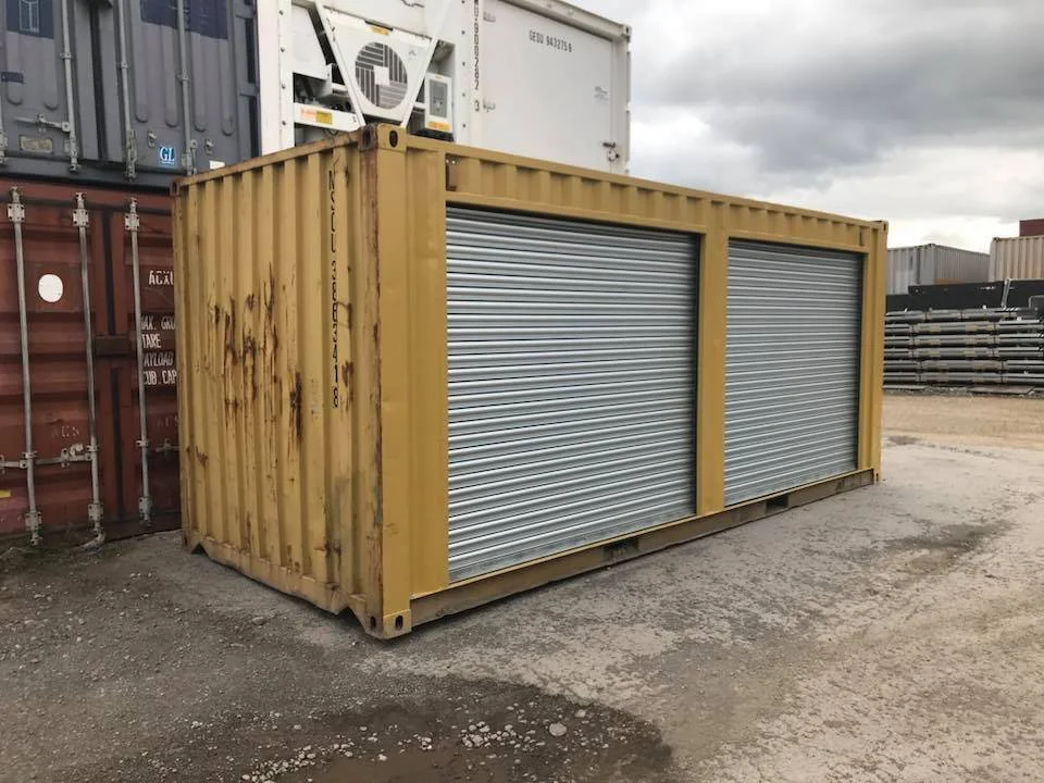 Bright yellow 20ft shipping container for construction site equipment storage
