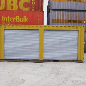 Used 20ft yellow storage container with two lockable roller shutter doors