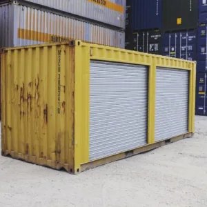 Yellow 20ft shipping container with dual side roll-up doors for secure storage
