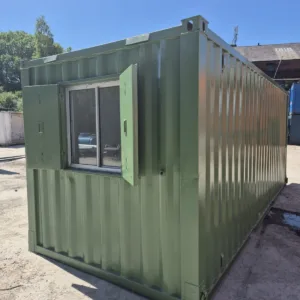 Mobile site office container with natural lighting and integrated power outlets